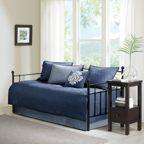 JLA Home Madison Park - 6 Reversible Daybed Cover Set with Antimicrobial Protection, Quilted Texture, Striped Skirt & Pillow Navy MP13-4971