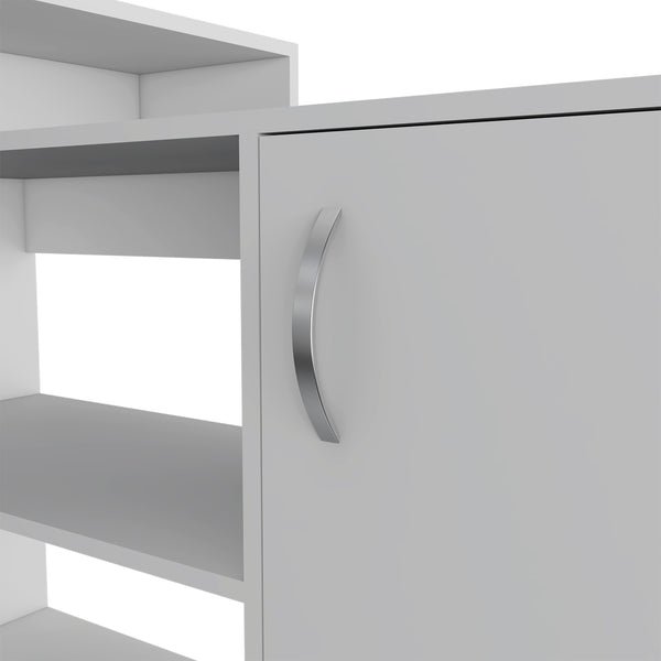 English Elm Dallas L-Shaped Home Office Desk with Spacious Work Surface, Two Open Shelves and Cabinet Storage Solution White 34 L x 24 W x 5 H B128S00164