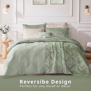 JLA Home Intelligent Design - Velvet Crushed-velvet Comforter Set with Diamond Quilting, Hypoallergenic Fill & Elegant Sheen Green ID10-2414