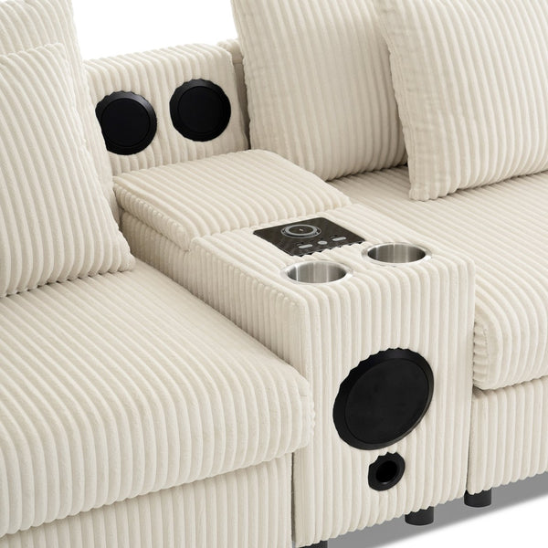 English Elm 114*64'' Corduroy Cloud Sectional with Bluetooth Speakers Usb Charging Ottoman Lounge Sofa N723S9756A