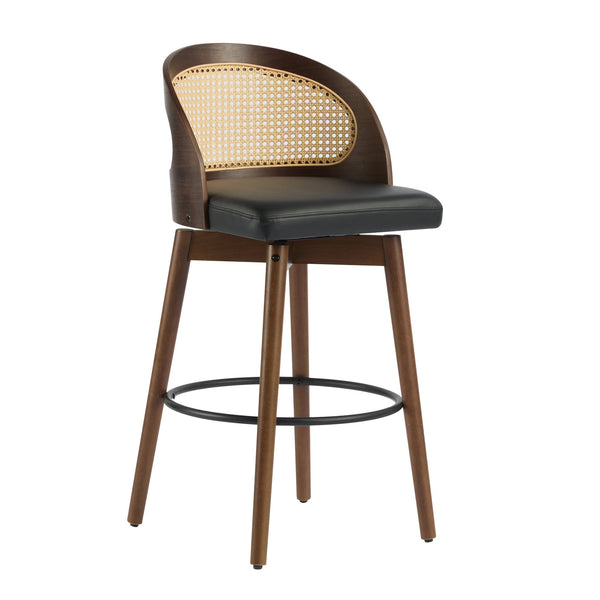 English Elm Christopher Knight Home® - Como Rattan-Back Indoor Wood Barstool Set of 2 with Plush Fabric Cushion, Ergonomic Stylish Seating Black + Dark Walnut N775P264459D
