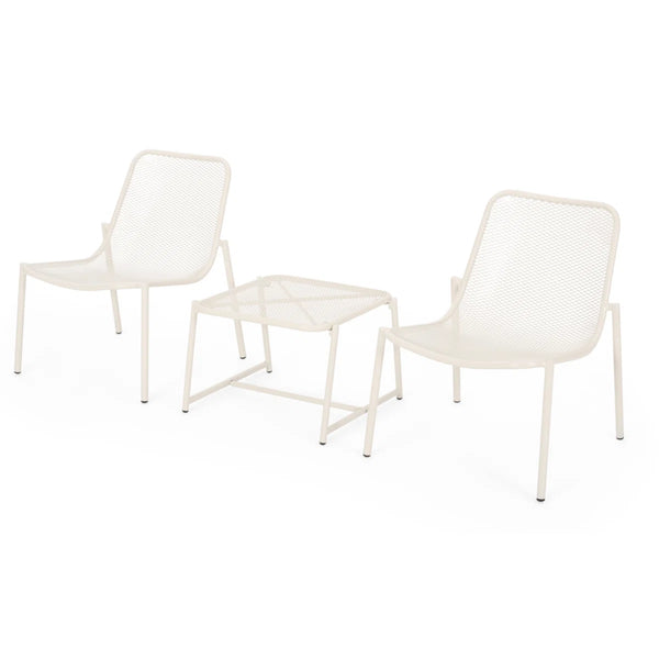 English Elm Kincaid Outdoor Iron Mesh Conversation Set Rust Resistant Patio Chairs with Side Table White N775P392159W