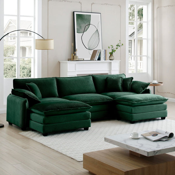 English Elm Oversized Modular Sofa In Green Corduroy - U-Shaped 3-Seater With Convertible Ottoman & Footstools W714S00738-GIGA