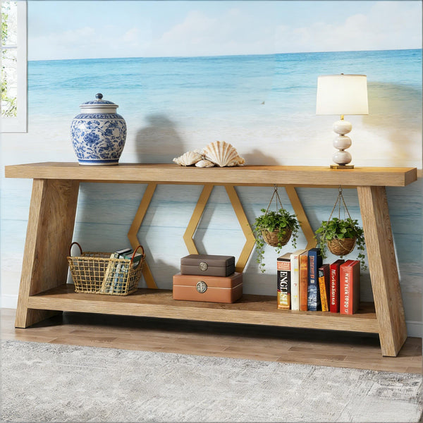 English Elm 2-tier Industrial Console Table Rustic Wood and Black Metal Frame Entryway Sofa T3971P460957