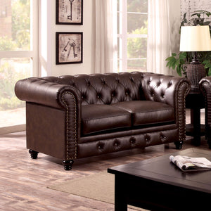 English Elm Contemporary Button-Tufted Loveseat with Nailhead Trim and Rolled Arms in Leatherette, Chic Design Brown 68 L x 30 W x 38 H B2741P322611