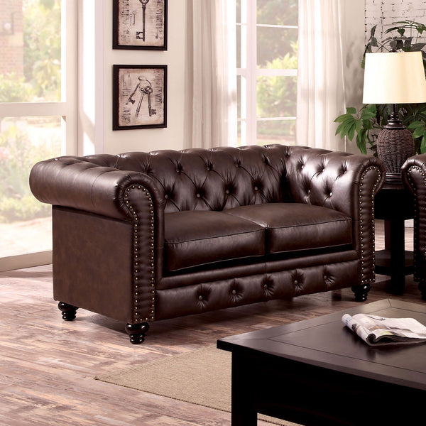English Elm Contemporary Button-Tufted Loveseat with Nailhead Trim and Rolled Arms in Leatherette, Chic Design Brown 68 L x 30 W x 38 H B2741P322611