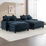 English Elm 112.6" Sectional Sofa Chenille Upholstered Sofa With Two Removable Ottoman, Two Usb Ports, Two Cup Holders and Large Storage Box For Living Room, Blue