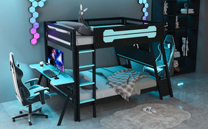 English Elm Full Size Gaming Bunk Bed with Dual Desks Usb Charging Ports and Pegboard Storage Blue LT000274AAC