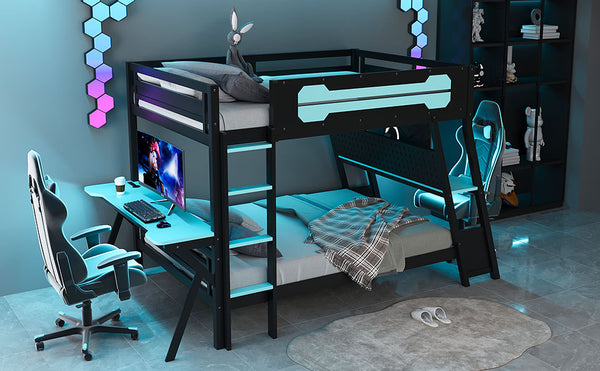 English Elm Full Size Gaming Bunk Bed with Dual Desks Usb Charging Ports and Pegboard Storage Blue LT000274AAC