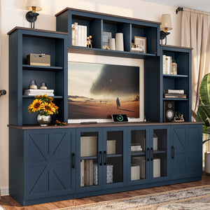 English Elm Wall Unit Entertainment Center with Built in Charging Mdf Media Console Open Shelving Blue W1580S00437