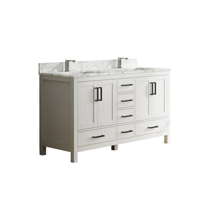 English Elm 59" Double Basin Vanity Carrara Top Solid Wood Frame Vintage Legs 6 Drawer White T3785P383045