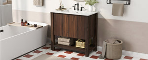 English Elm Christopher Knight Home® - 36" Modern Wall-Mounted Bathroom Vanity with Ceramic Sink, Soft-Close Doors, Fluted Accent & Open Shelves Antique brown N817P245321B
