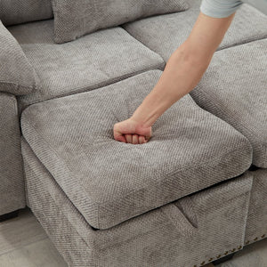 English Elm 97 Inch L-shaped Chenille Sectional Sofa with Sleeper Storage Ottoman 7 Seats Grey W1669S00018