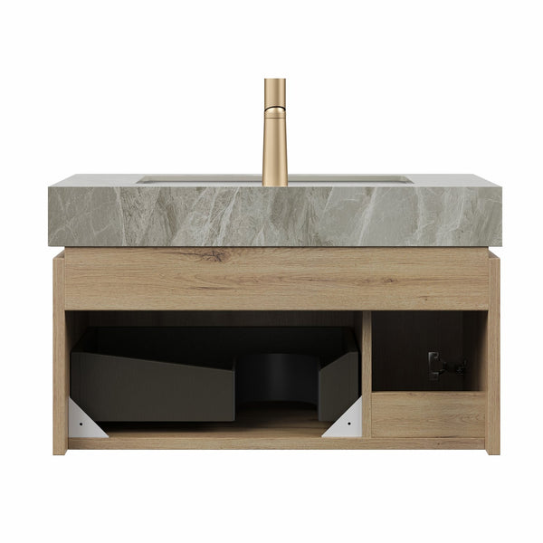 English Elm MURI Luxury Wall-Mounted 30" Bathroom Vanity with Sintered Stone Countertop and Ceramic Basin, Plywood Cabinet Light Gray,White Oak W2615S00334