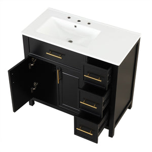 English Elm 36" Matte Freestanding Bathroom Vanity Solid Wood Cabinet Ceramic Sink Three Drawers Black N725P364205B