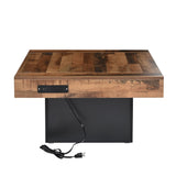 English Elm 31.4'' X 31.4'' Farmhouse Coffee Table With 2 Usb Ports and Outlets, Brown Spliced Wood Grain Center Table With Led Light, Rustic Cocktail Table With Charging Station For Living Room, Black