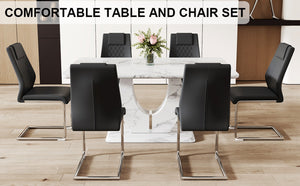 English Elm Table And Chair Set - Elegant Marble Pattern Mdf Dining Set With 6 Comfortable Black Pu Chairs W1151S02184-GIGA