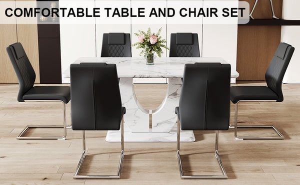 English Elm Table And Chair Set - Elegant Marble Pattern Mdf Dining Set With 6 Comfortable Black Pu Chairs W1151S02184-GIGA