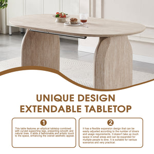 English Elm Wood Extendable Dining Table - Modern Oval MDF Top with Dual Pillar Legs, Space-Saving, Durable Versatile Gatherings and Home Office Use W3590S00002