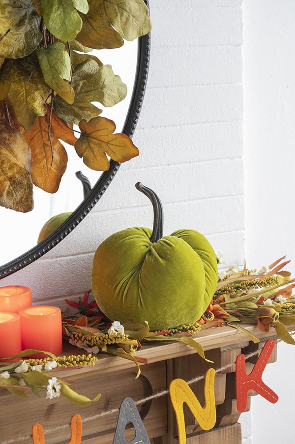 English Elm Set Of 2 Velvet Weighted Pumpkins - Apple Green Decor For Farmhouse Fall Tabletop & Thanksgiving W2078P246652-GIGA