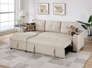 English Elm Beige Convertible Sectional Sofa with Pull-Out Bed, Reversible Storage Chaise & Dual Cupholders B011S01022