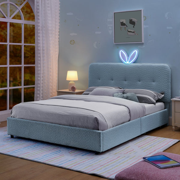 English Elm Full Size Kids Storage Bed Boucle Upholstered Rabbit Ear Headboard with Led Lighting Navy W1413P384925