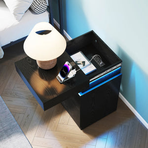 English Elm Nightstand with Rgb Led Lighting and Charging Hub Three Drawer Sleek Modern Bedside Black W5221P421223