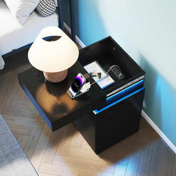 English Elm Nightstand with Rgb Led Lighting and Charging Hub Three Drawer Sleek Modern Bedside Black W5221P421223