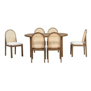 English Elm Trexm Farmhouse Oval Dining Set Seats Six with Rattan Back Chairs Oak Veneer Table Beige,Light Brown ST000157AAP