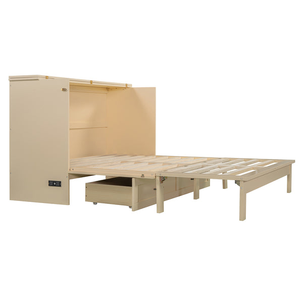 English Elm Queen Murphy Wall Bed with Usb Ports Storage Drawers and Cabinet Style Panel Front Gold N708S00010G