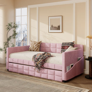 English Elm Modern Velvet Twin Daybed with Pull Out Trundle and Built in Armrest Storage Pockets Pink SF000200AAH