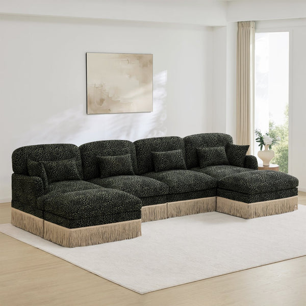 English Elm 131"comfy Chenille Leopard Print U-shaped Sectional with Tassel Trim and Modular Ottomans Green W5656S00036