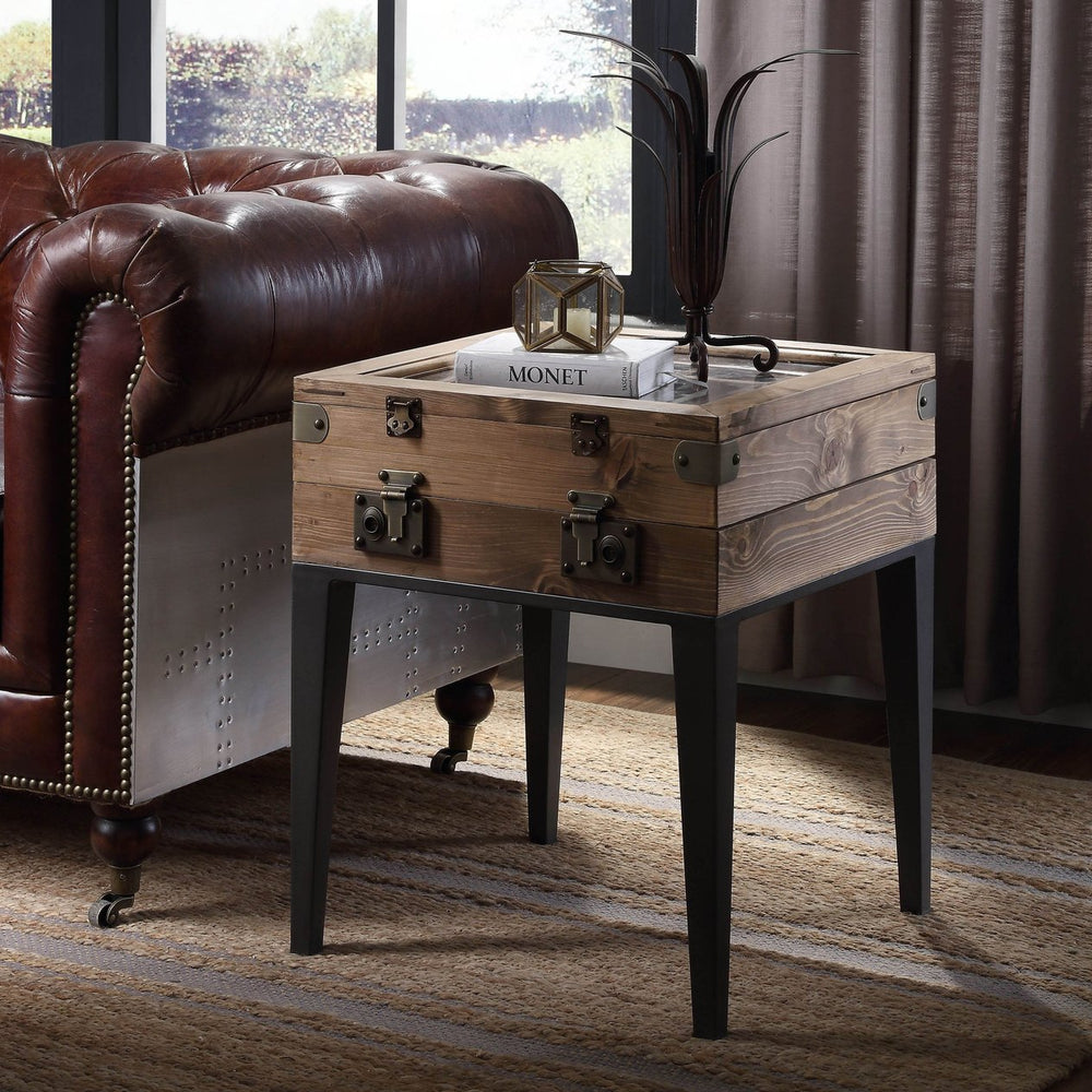 English Elm Rustic Oak Display Side Table with Trunk-Style Glass Top, Matte Gray Accents & Tapered Metal Legs B062P189236