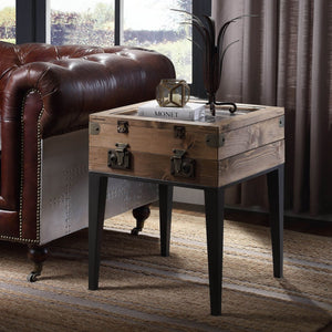 English Elm Rustic Oak Display Side Table with Trunk-Style Glass Top, Matte Gray Accents & Tapered Metal Legs B062P189236