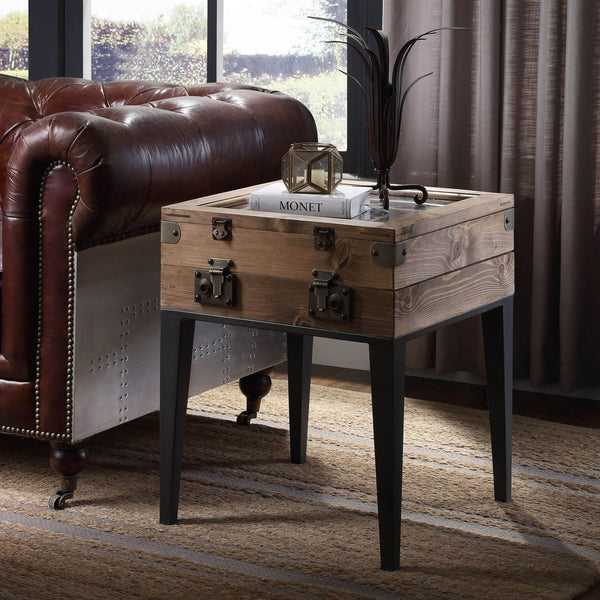 English Elm Rustic Oak Display Side Table with Trunk-Style Glass Top, Matte Gray Accents & Tapered Metal Legs B062P189236