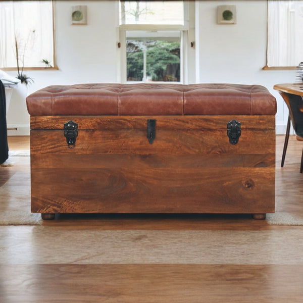 English Elm Solid Mango Wood Buffalo Hide Leather Tufted Storage Trunk for Bedroom or Entryway B182P292156