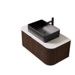 English Elm Dina Floating Bathroom Vanity Sintered Stone Top Glass Basin Striped Plywood Cabinet W2615S00193