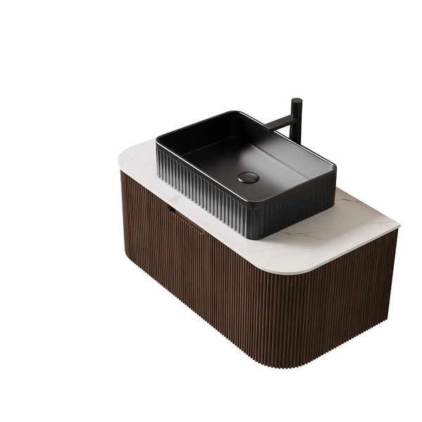English Elm Dina Floating Bathroom Vanity Sintered Stone Top Glass Basin Striped Plywood Cabinet W2615S00193