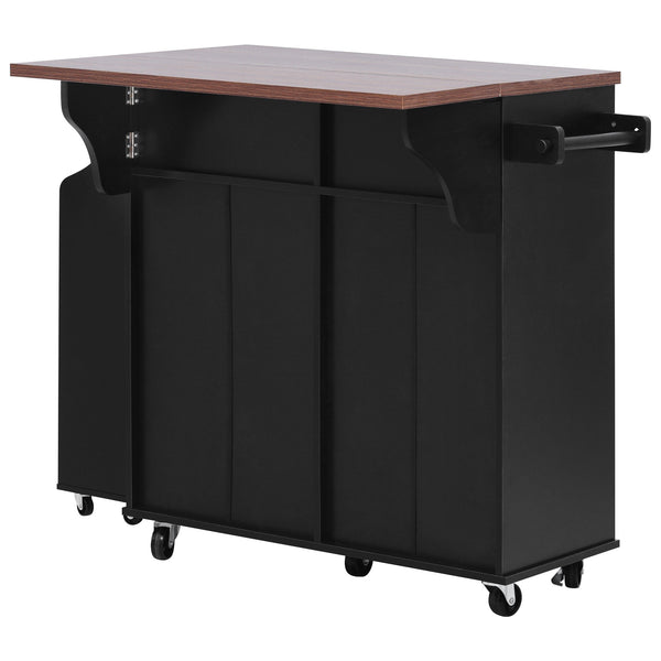 English Elm K&K 47.2" Farmhouse Kitchen Island with Drop Leaf, Removable Side Shelf, Trash Cabinet, Wheels Black N707P307296B