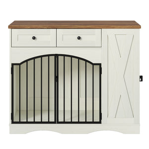 English Elm Go Farmhouse Wooden Dog Crate End Table with 3 Drawers and Built-in Pet Feeder N704P371282D