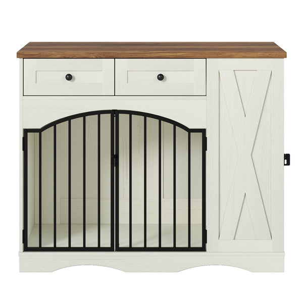 English Elm Go Farmhouse Wooden Dog Crate End Table with 3 Drawers and Built-in Pet Feeder N704P371282D