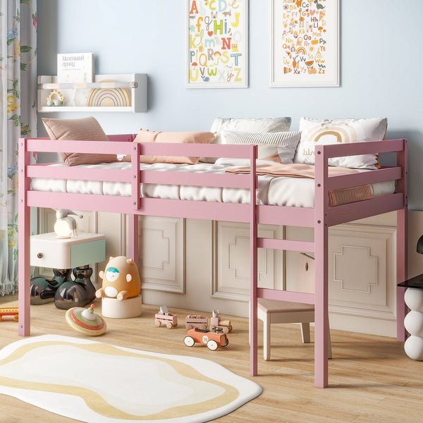English Elm Solid Twin Loft Bed with Ladder and Reinforced Slats for Storage-Friendly, Space-Saving Bedrooms Pink W504P190960