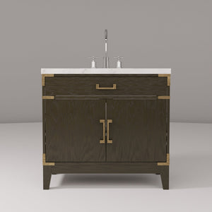 English Elm Brown Oak Single Bath Vanity With Carrara Marble Top & Chrome Faucet - Elegant Storage Solution B2731P259784