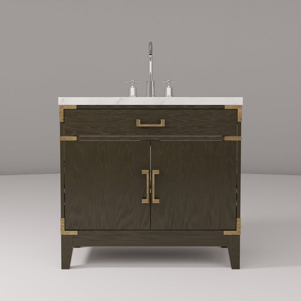 English Elm Brown Oak Single Bath Vanity With Carrara Marble Top & Chrome Faucet - Elegant Storage Solution B2731P259784