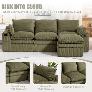 English Elm L Shaped Corduroy Modular Sectional with Cloud Cushions Footstool and Lumbar Pillows Emerald W395S00139