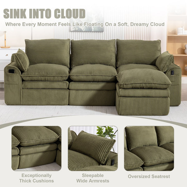 English Elm L Shaped Corduroy Modular Sectional with Cloud Cushions Footstool and Lumbar Pillows Emerald W395S00139