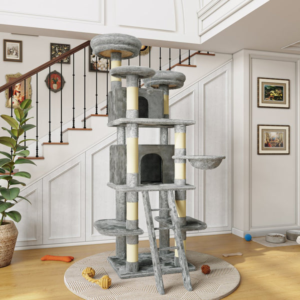 English Elm Large 7 Tier Plush Cat Tree with Dual Condos Hammock Sisal Posts for Multi Cat Homes Gray W1578P447623
