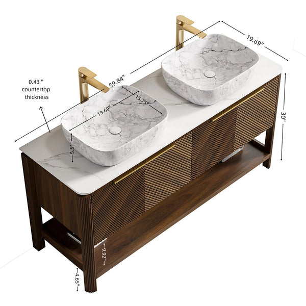 English Elm Dina 60 Inch Floating Bathroom Vanity Sintered Stone Top Dual Glass Basins Wood Grain W2615S00514