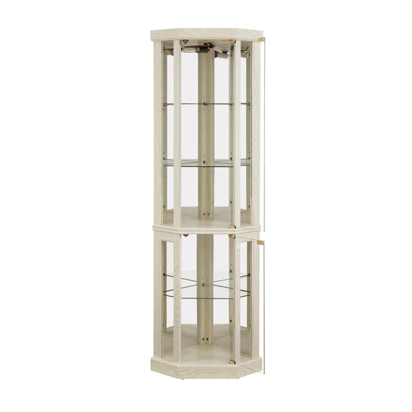 English Elm Corner Lighted Curio Cabinet with Mirrored Back Glass Shelves Classical Living Room Display Antique White W2275P194426