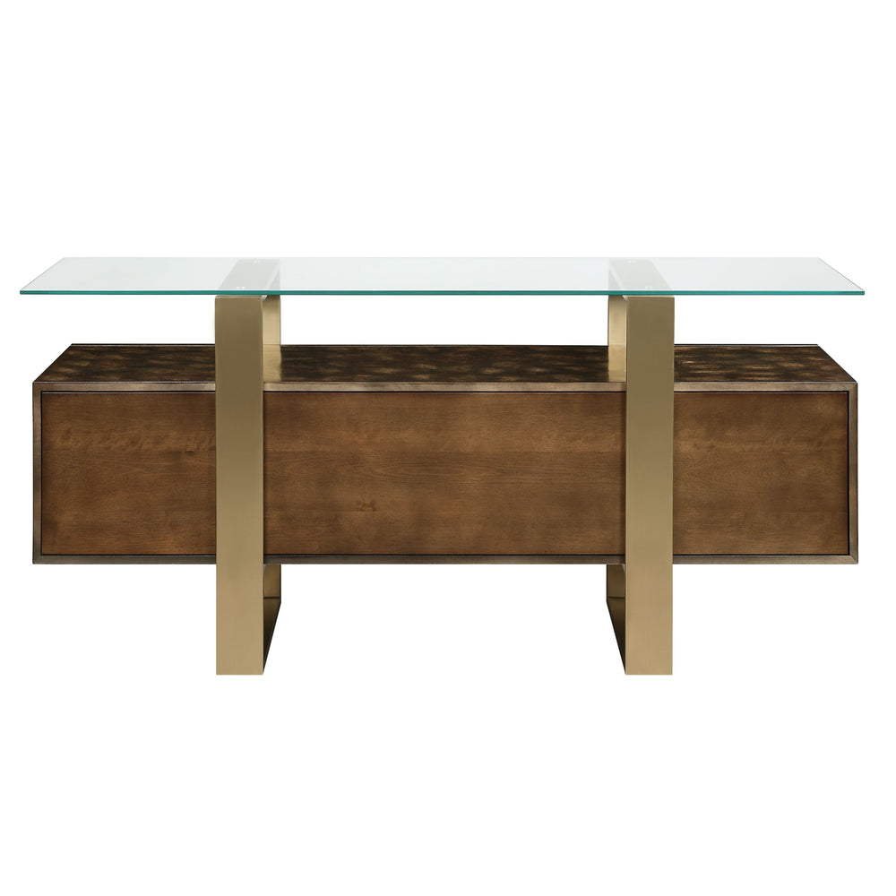 English Elm Mabyn Brass & Antique Brown Console Cabinet with Tempered Glass Top, 4 Doors, 2 Drawers, Adjustable Shelf B2726P263770